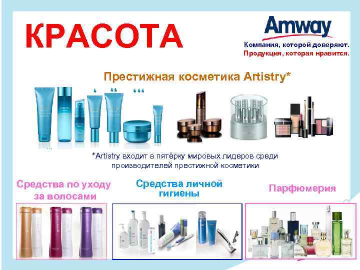 КРАСОТА Компания, которой доверяют. Продукция, которая нравится. Престижная косметика Artistry* *Artistry входит в пятёрку
