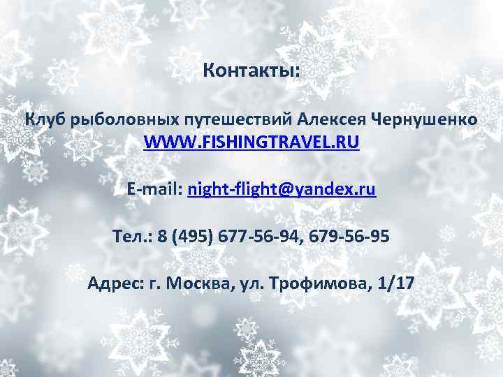 Контакты: Клуб рыболовных путешествий Алексея Чернушенко WWW. FISHINGTRAVEL. RU E-mail: night-flight@yandex. ru Тел. :