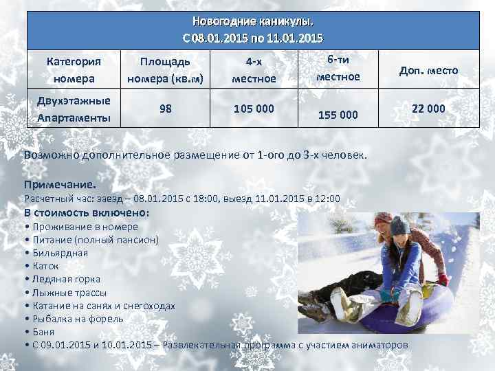 Новогодние каникулы. С 08. 01. 2015 по 11. 01. 2015 Категория номера Площадь номера