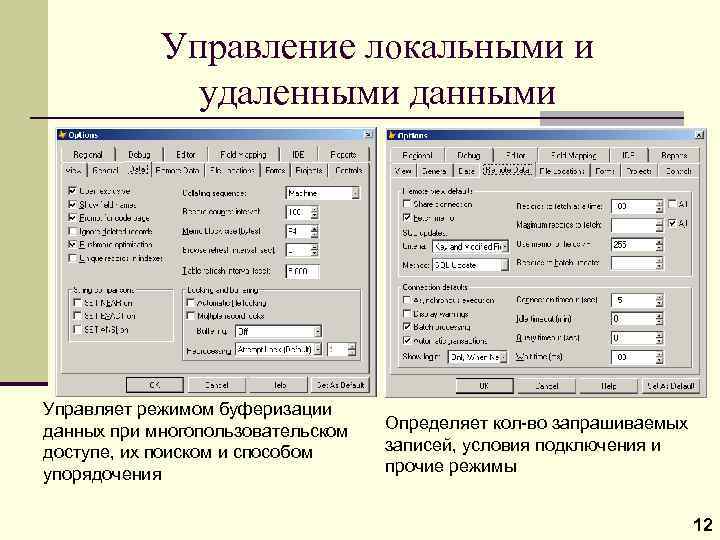 Управление локальными и удаленными данными Управляет режимом буферизации данных при многопользовательском доступе, их поиском