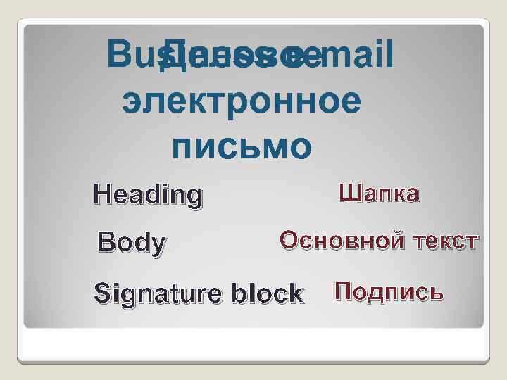 Business e-mail Деловое электронное письмо Шапка Heading Body Основной текст Signature block Подпись 