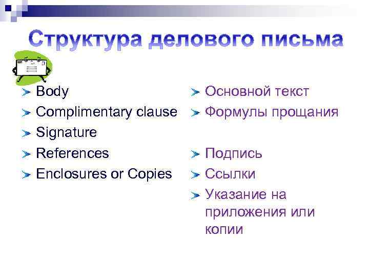 Body Complimentary clause Signature References Enclosures or Copies Основной текст Формулы прощания Подпись Ссылки