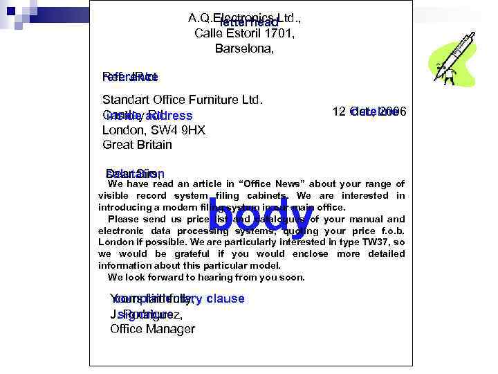 A. Q. Electronics Ltd. , letterhead Calle Estoril 1701, Barselona, Ref: JR/ct reference Standart