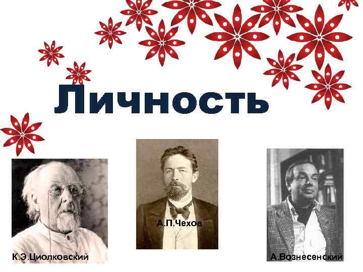 Личность А. П. Чехов К. Э. Циолковский А. Вознесенский 