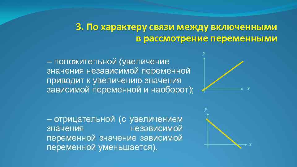 3. По характеру связи между включенными в рассмотрение переменными у – положительной (увеличение значения
