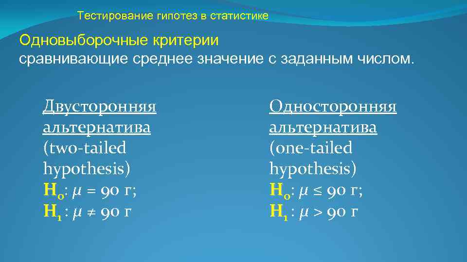 Тестирование гипотез в статистике Одновыборочные критерии сравнивающие среднее значение с заданным числом. Двусторонняя альтернатива