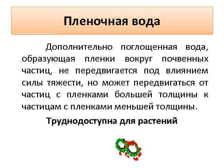 Пленочная вода Дополнительно поглощенная вода, образующая пленки вокруг почвенных частиц, не передвигается под влиянием