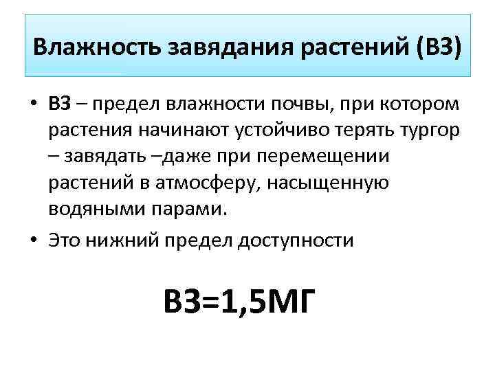 Влажность завядания растений (ВЗ) • ВЗ – предел влажности почвы, при котором растения начинают