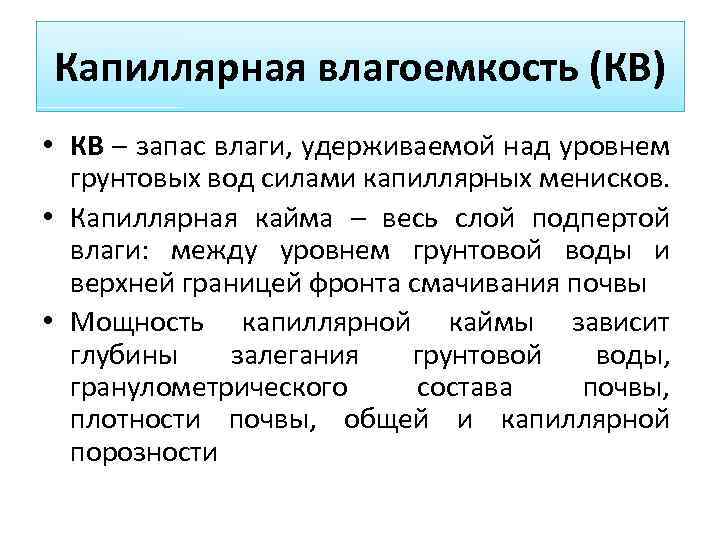 Капиллярная влагоемкость (КВ) • КВ – запас влаги, удерживаемой над уровнем грунтовых вод силами