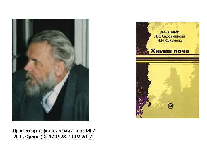 Профессор кафедры химии почв МГУ Д. С. Орлов (30. 12. 1928 - 11. 02.