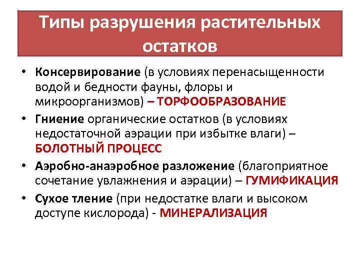 Типы разрушения растительных остатков • Консервирование (в условиях перенасыщенности водой и бедности фауны, флоры