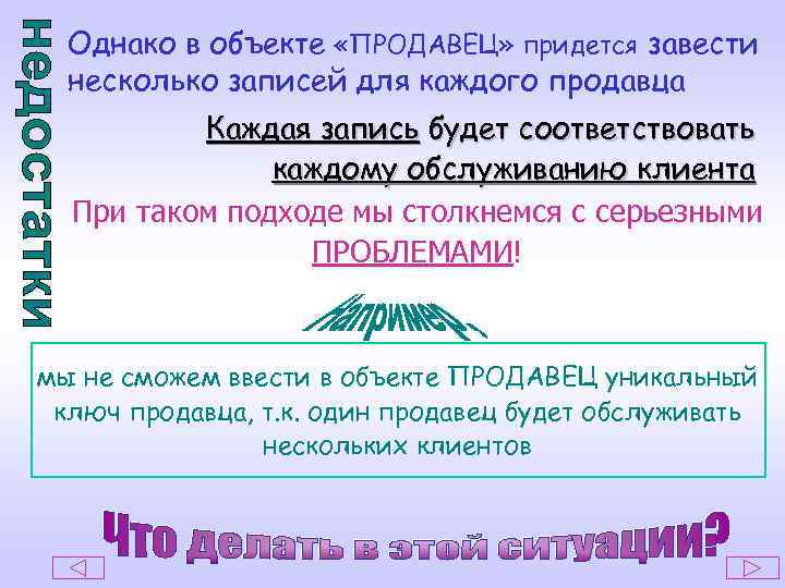 Однако в объекте «ПРОДАВЕЦ» придется завести несколько записей для каждого продавца Каждая запись будет