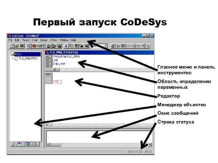 Первый запуск Co. De. Sys Главное меню и панель инструментов Область определения переменных Редактор