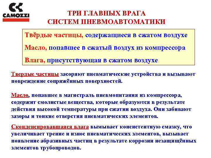 ТРИ ГЛАВНЫХ ВРАГА СИСТЕМ ПНЕВМОАВТОМАТИКИ Твёрдые частицы, содержащиеся в сжатом воздухе Масло, попавшее в