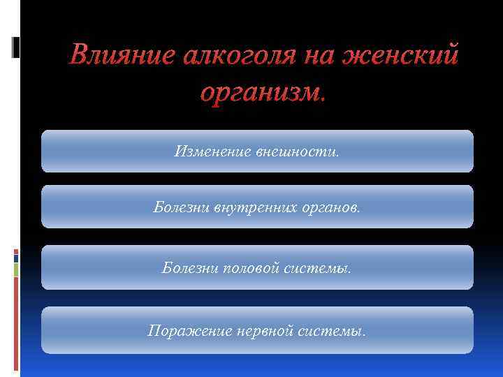 Влияние алкоголя на женский организм. Изменение внешности. Болезни внутренних органов. Болезни половой системы. Поражение