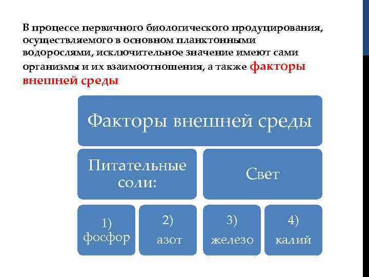 В процессе первичного биологического продуцирования, осуществляемого в основном планктонными водорослями, исключительное значение имеют сами