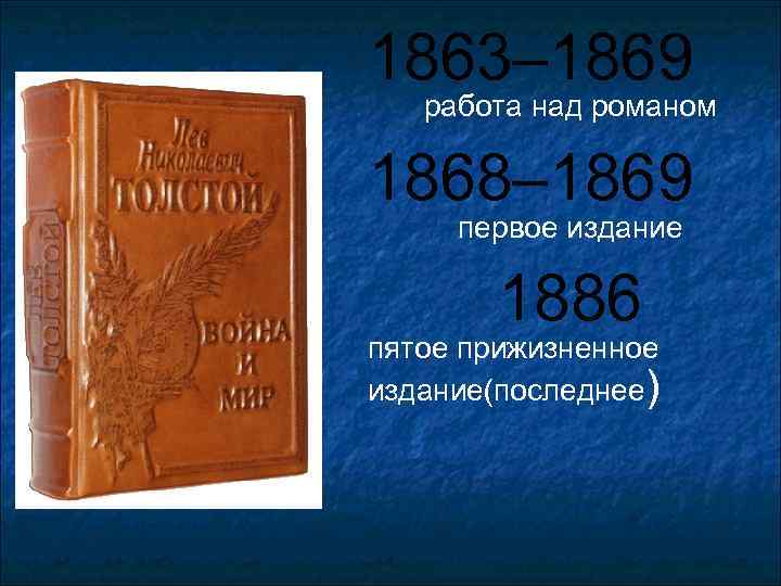 1863– 1869 работа над романом 1868– 1869 первое издание 1886 пятое прижизненное издание(последнее) 