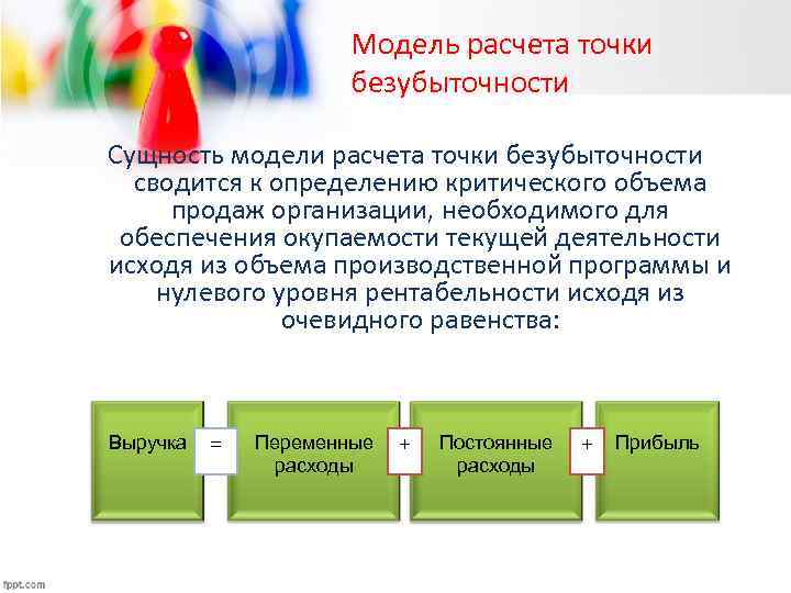 Модель расчета точки безубыточности Сущность модели расчета точки безубыточности сводится к определению критического объема