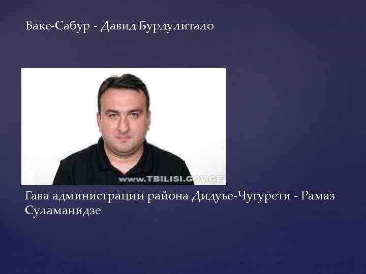 Ваке-Сабур - Давид Бурдулитало Гава администрации района Дидуье-Чугурети - Рамаз Суламанидзе 
