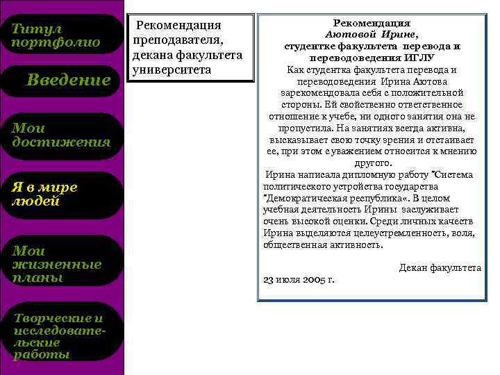 Титул портфолио Введение Мои достижения Я в мире людей Мои жизненные планы Творческие и