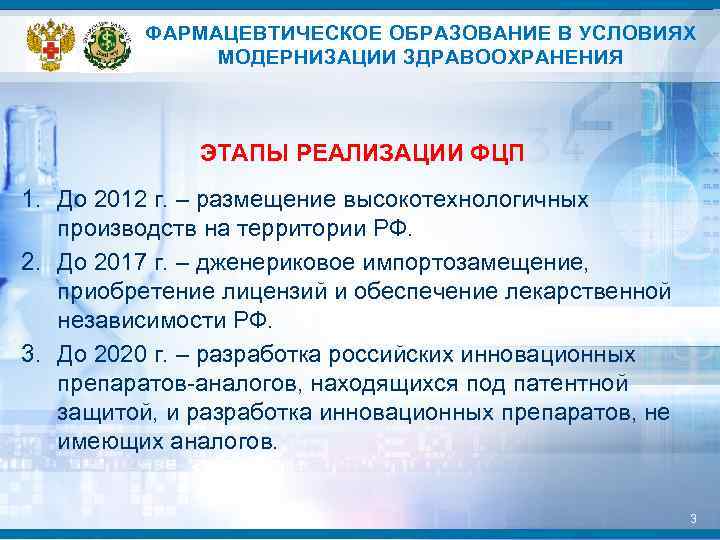 ФАРМАЦЕВТИЧЕСКОЕ ОБРАЗОВАНИЕ В УСЛОВИЯХ МОДЕРНИЗАЦИИ ЗДРАВООХРАНЕНИЯ ЭТАПЫ РЕАЛИЗАЦИИ ФЦП 1. До 2012 г. –