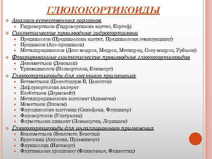 ГЛЮКОКОРТИКОИДЫ v Аналоги естественных гормонов v Синтетические производные гидрокортизона v Дексаметазон (Дексазон) Триамцинолон (Полкортолон,