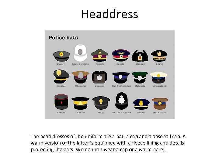 Headdress The head dresses of the uniform are a hat, a cap and a