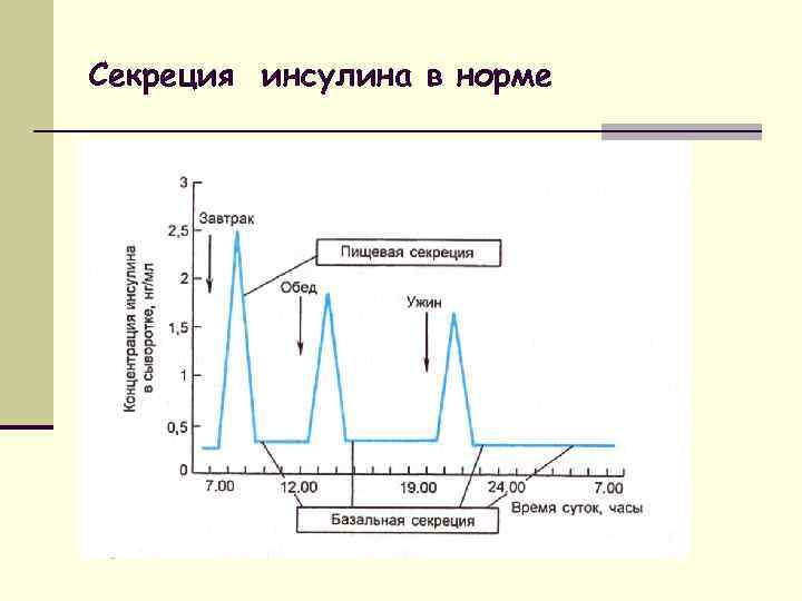 Уровня выработки инсулина. График выработки инсулина суточный. Схема суточной секреции инсулина в норме. Постпрандиальная секреция инсулина составляет. Первая фаза секреции инсулина при 2 типе сахарного диабета.