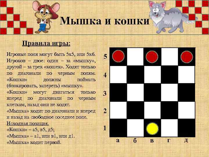  Мышка и кошки Правила игры: Игровые поля могут быть 5 х5, или 5