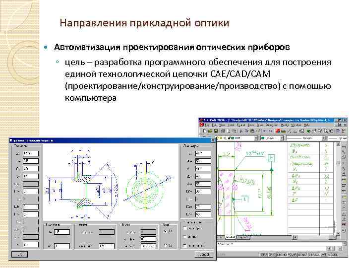 Направления прикладной оптики Автоматизация проектирования оптических приборов ◦ цель – разработка программного обеспечения для