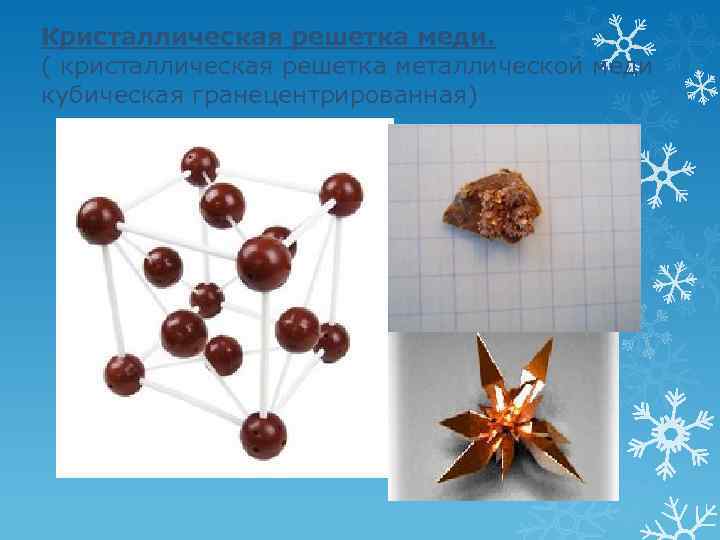 Кристаллическая решетка меди. ( кристаллическая решетка металлической меди кубическая гранецентрированная) 