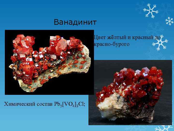  Ванадинит Цвет жёлтый и красный до красно-бурого Химический состав Pb 5[VO 4]3 Cl;