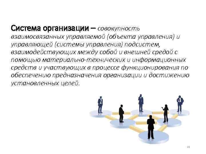 Система организации – совокупность взаимосвязанных управляемой (объекта управления) и управляющей (системы управления) подсистем, взаимодействующих