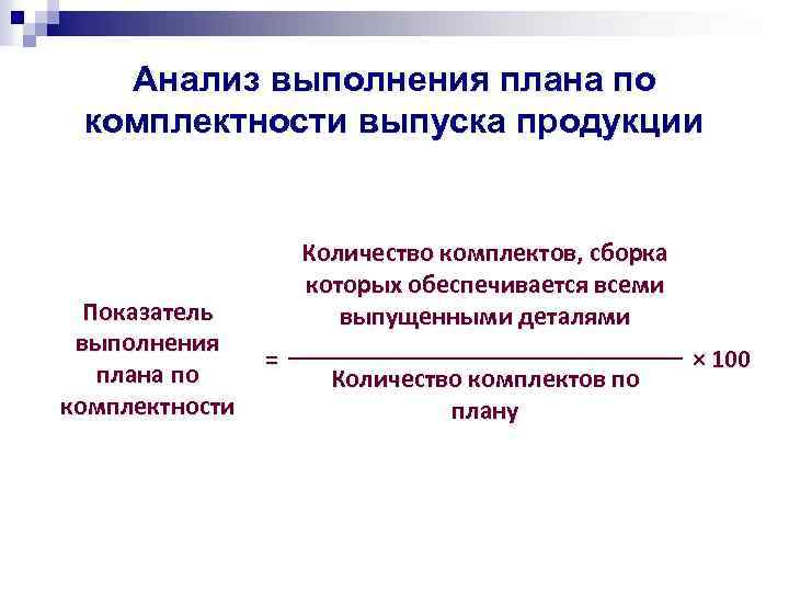 Анализ выполнения плана по комплектности выпуска продукции Показатель выполнения плана по комплектности Количество комплектов,