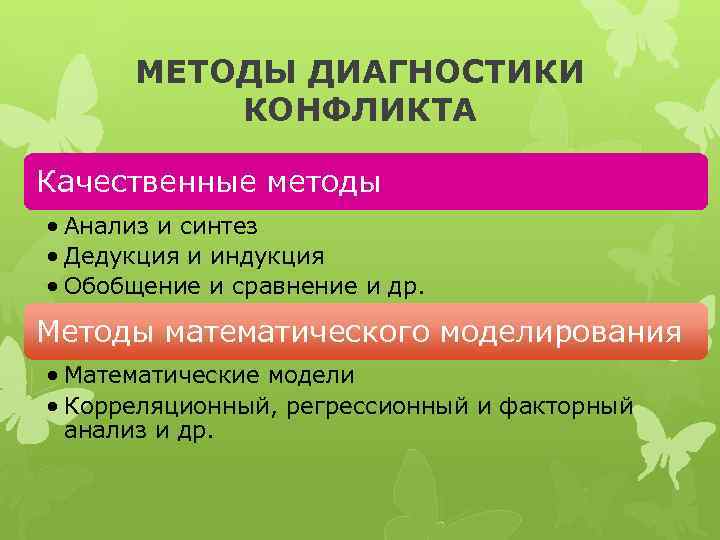 МЕТОДЫ ДИАГНОСТИКИ КОНФЛИКТА Качественные методы • Анализ и синтез • Дедукция и индукция •