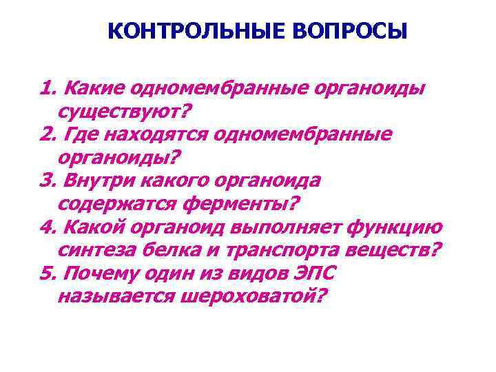 КОНТРОЛЬНЫЕ ВОПРОСЫ 1. Какие одномембранные органоиды существуют? 2. Где находятся одномембранные органоиды? 3. Внутри
