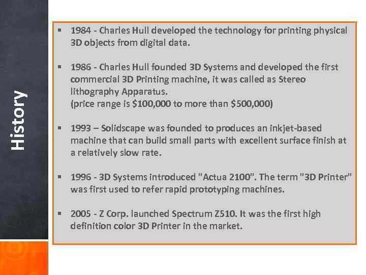 History § 1984 - Charles Hull developed the technology for printing physical 3 D