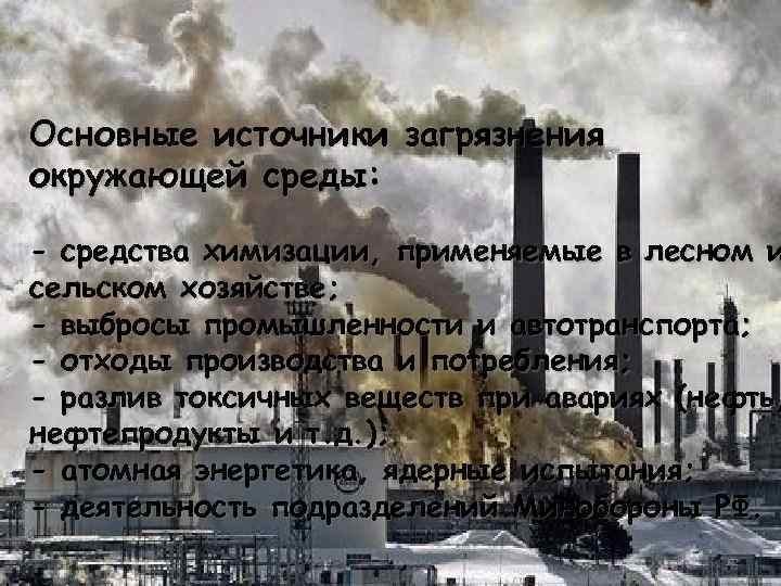 Основные источники загрязнения окружающей среды: - средства химизации, применяемые в лесном и сельском хозяйстве;