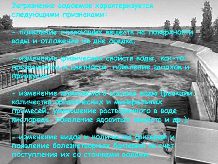 Загрязнение водоемов характеризуется следующими признаками: - появление плавающих веществ на поверхности воды и отложение