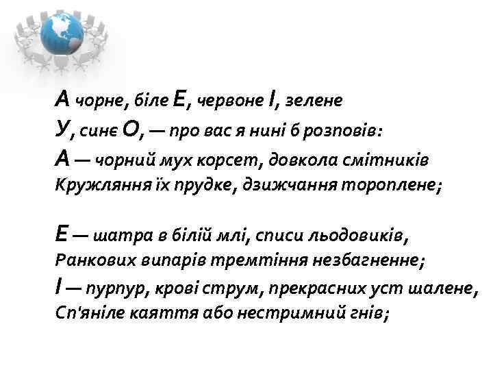 А чорне, біле Е, червоне І, зелене У, синє О, — про вас я