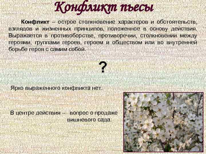 Конфликт пьесы Конфликт – острое столкновение характеров и обстоятельств, взглядов и жизненных принципов, положенное