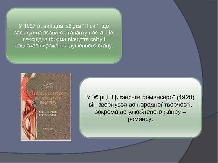 У 1927 р. вийщла збірка “Пісні”, що засвідчила розвиток таланту поета. Це своєрідна форма