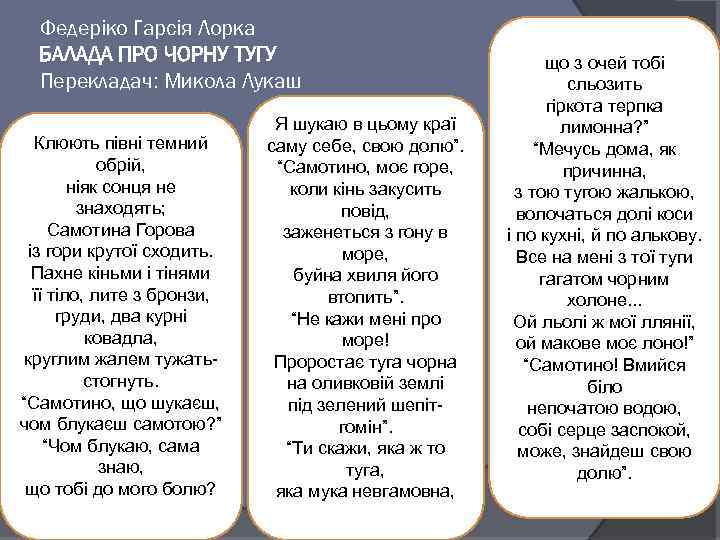Федеріко Гарсія Лорка БАЛАДА ПРО ЧОРНУ ТУГУ Перекладач: Микола Лукаш Клюють півні темний обрій,