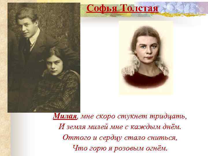 Софья Толстая Милая, мне скоро стукнет тридцать, И земля милей мне с каждым днём.