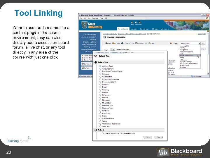 Tool Linking When a user adds material to a content page in the course