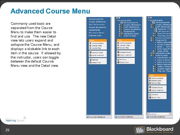 Advanced Course Menu Commonly used tools are separated from the Course Menu to make