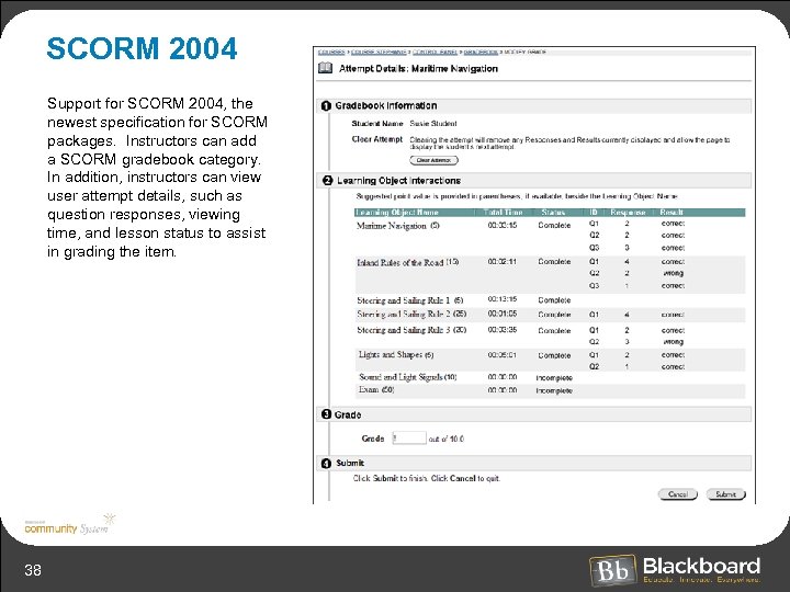 SCORM 2004 Support for SCORM 2004, the newest specification for SCORM packages. Instructors can