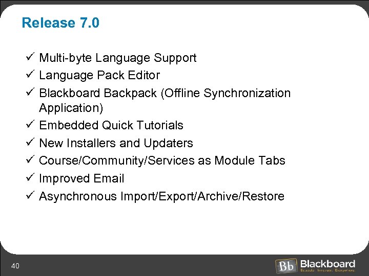 Release 7. 0 ü Multi-byte Language Support ü Language Pack Editor ü Blackboard Backpack