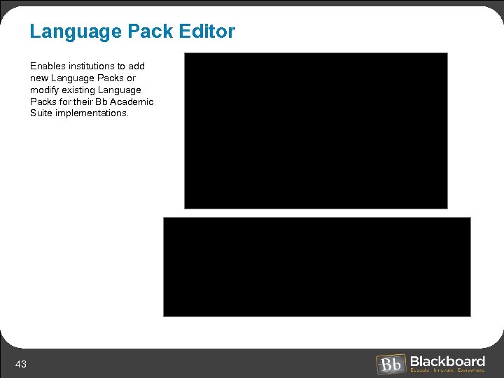 Language Pack Editor Enables institutions to add new Language Packs or modify existing Language