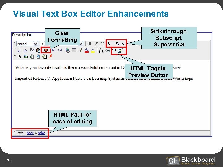 Visual Text Box Editor Enhancements Clear Formatting Strikethrough, Subscript, Superscript HTML Toggle, Preview Button